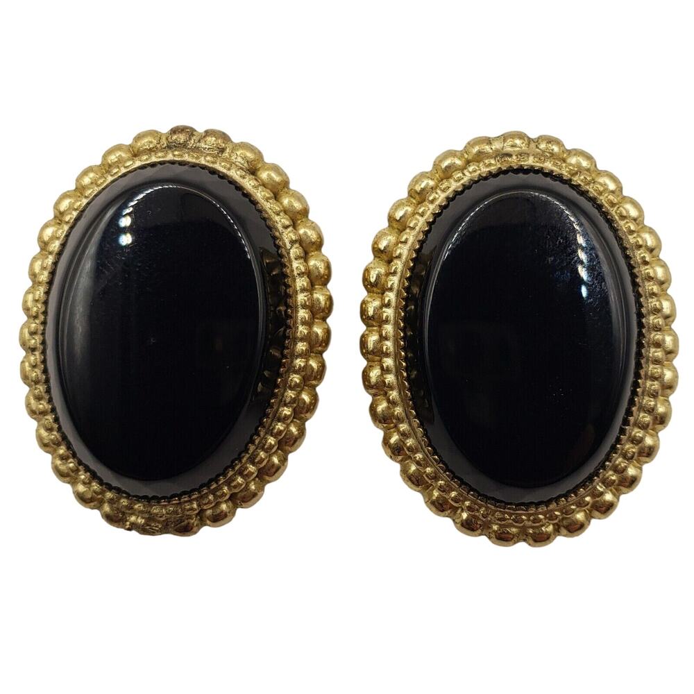 Vintage Whiting & Davis Black Onyx Clip Earrings Gold Tone MCM Oval Signed